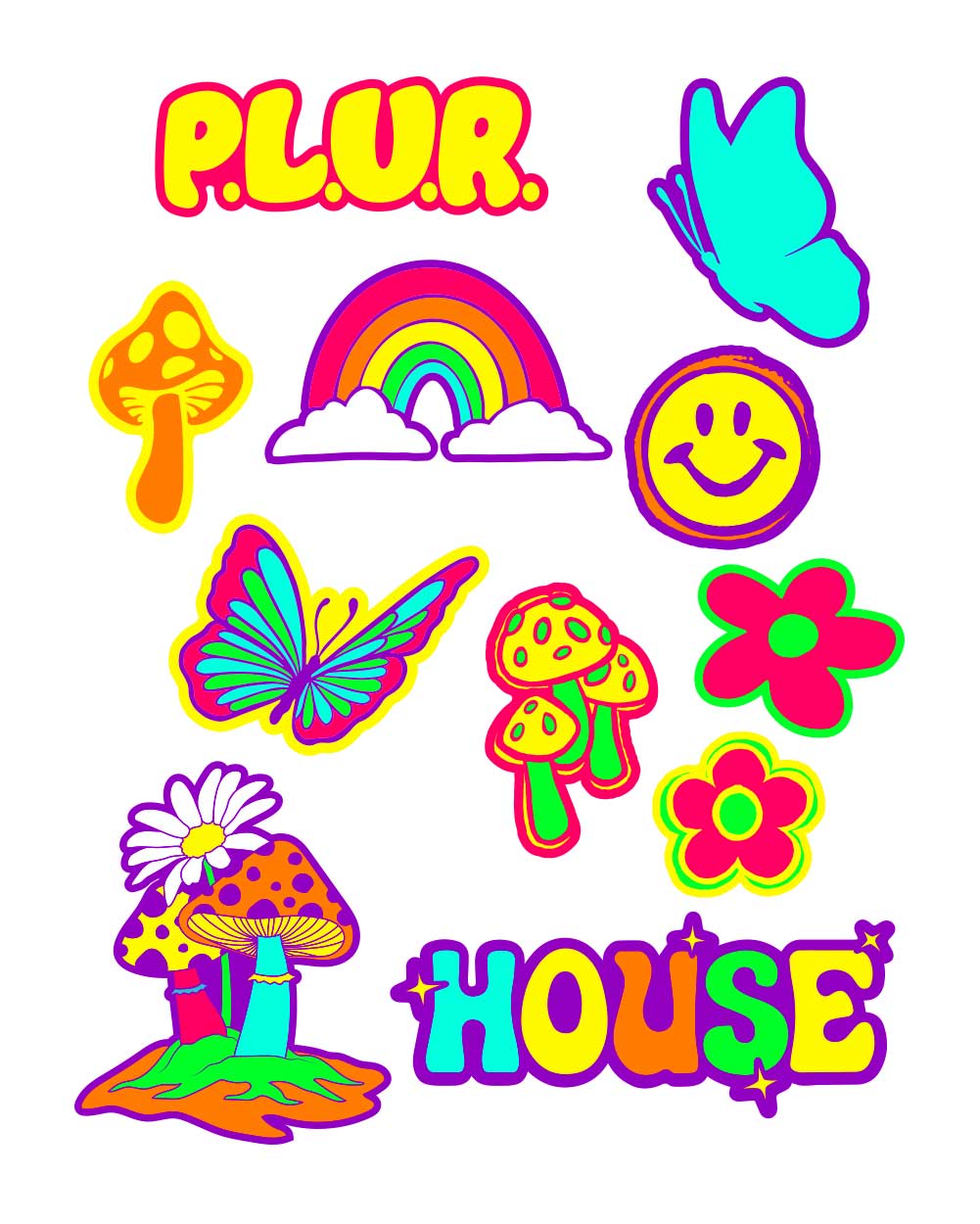 PLUR Forever UV Reactive Sticker Pack-Neon Green/Neon Orange/Neon Pink/Neon Yellow-Front