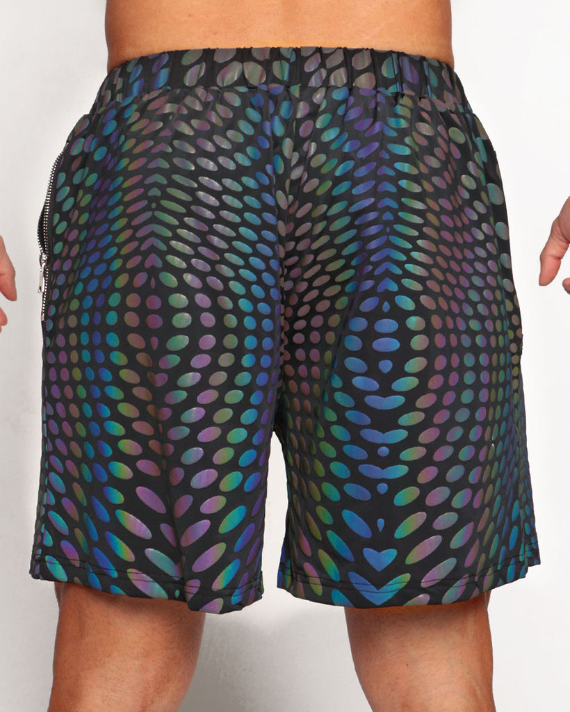 Pixel Perfect Rainbow Reflective Men's Shorts-Black/Rainbow-Regular-Back--Eric2---L