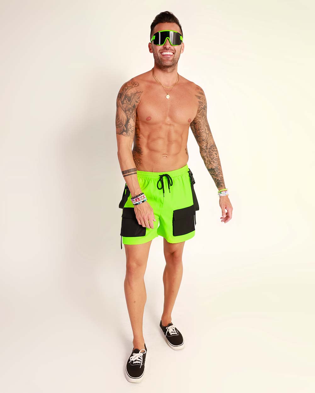 Power Up Men's Cargo Shorts-Black/Neon Green-Full--Zach---L