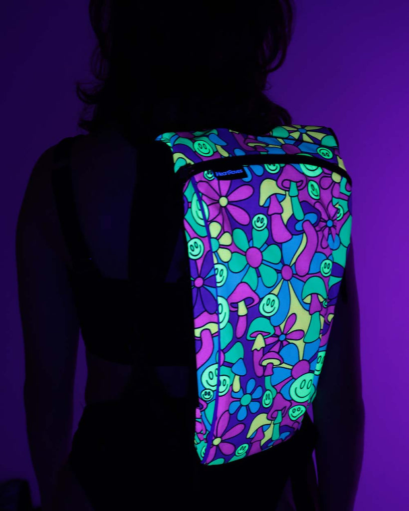 Psychedelic Smiley UV Reactive Hydration Pack with Back Pocket for Anti-Theft-Neon Blue/Neon Pink/Yellow-UV Front