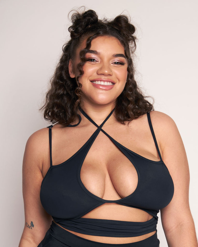 Rave Revolution Recycled Fabric Cutout Halter Top-Black-Curve1-Front--Makayla3---1X
