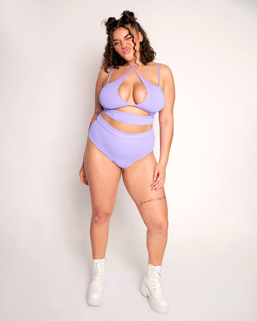 Rave Revolution Recycled Fabric High Waist Booty Shorts-Lavender-Curve1-Full--Makayla3---1X