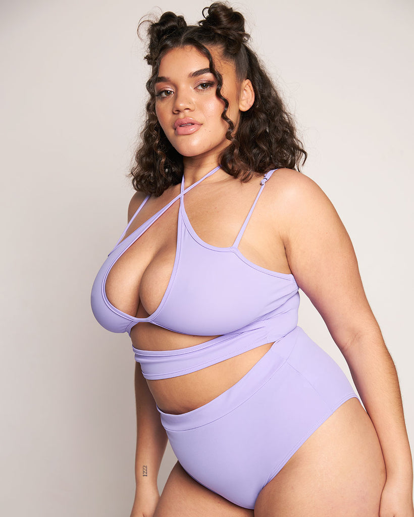 Rave Revolution Recycled Fabric Cutout Halter Top-Lavender-Curve1-Lifestyle--Makayla3---1X