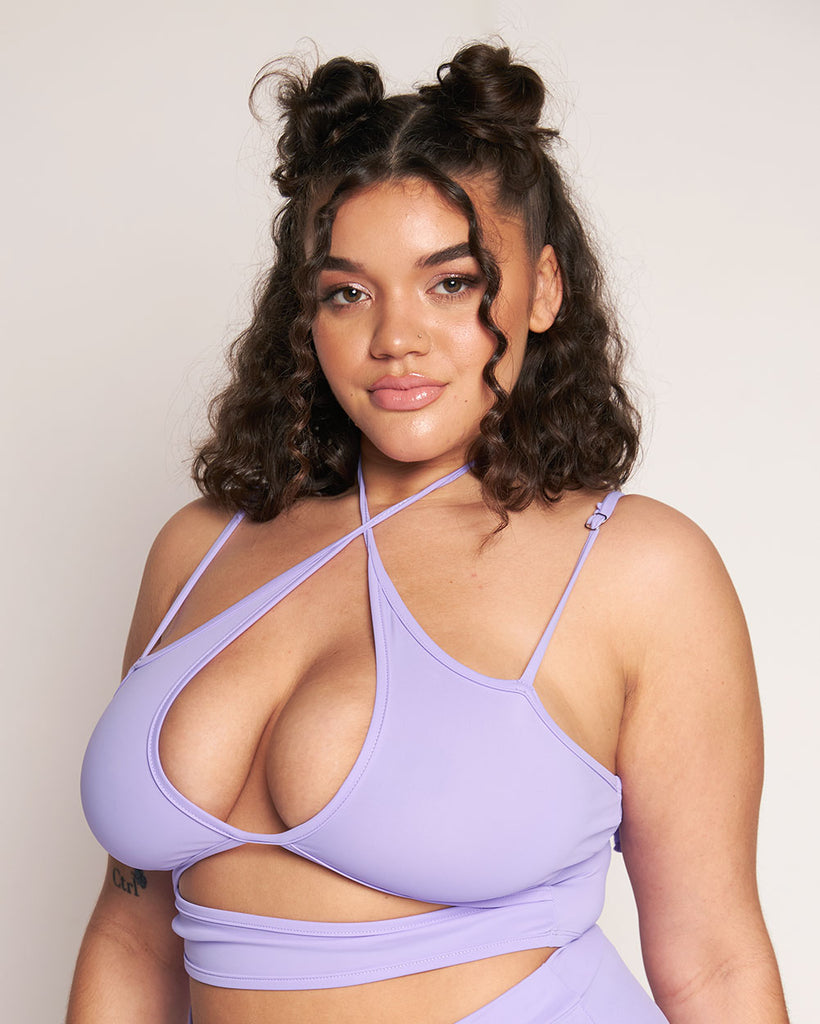 Rave Revolution Recycled Fabric Cutout Halter Top-Lavender-Curve1-Side--Makayla3---1X