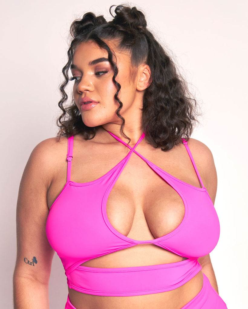 Rave Revolution Recycled Fabric Cutout Halter Top-Neon Pink-Curve1-Front--Makayla3---1X