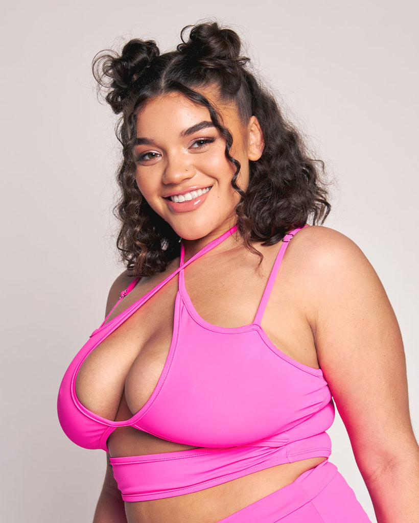 Rave Revolution Recycled Fabric Cutout Halter Top-Neon Pink-Curve1-Side--Makayla3---1X