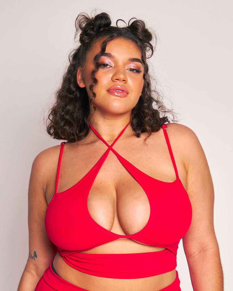 Rave Revolution Recycled Fabric Cutout Halter Top-Red-Curve1-Front--Makayla3---1X