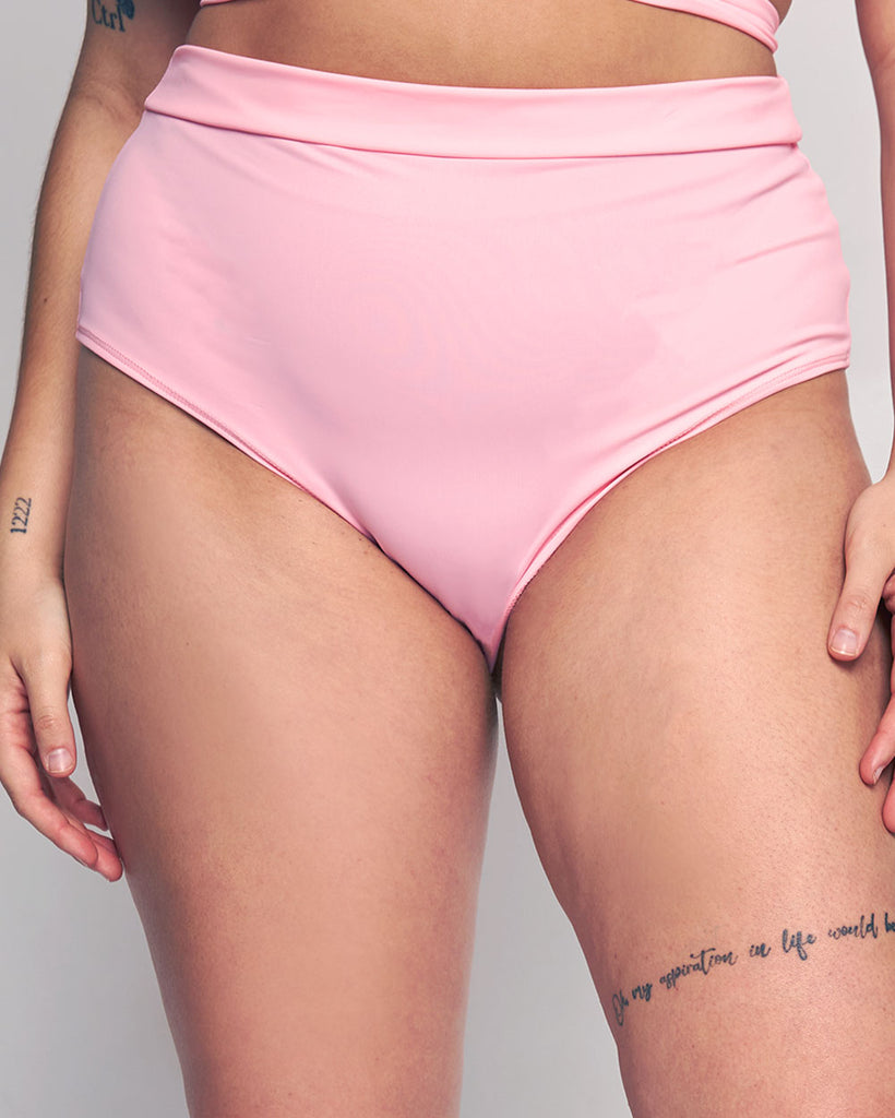 Rave Revolution Recycled Fabric High Waist Booty Shorts-Baby Pink-Curve1-Front--Makayla3---1X