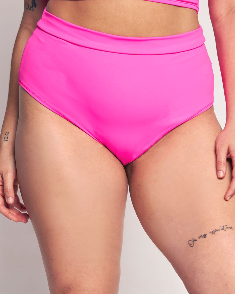 Rave Revolution Recycled Fabric High Waist Booty Shorts-Neon Pink-Curve1-Front--Makayla3---1X