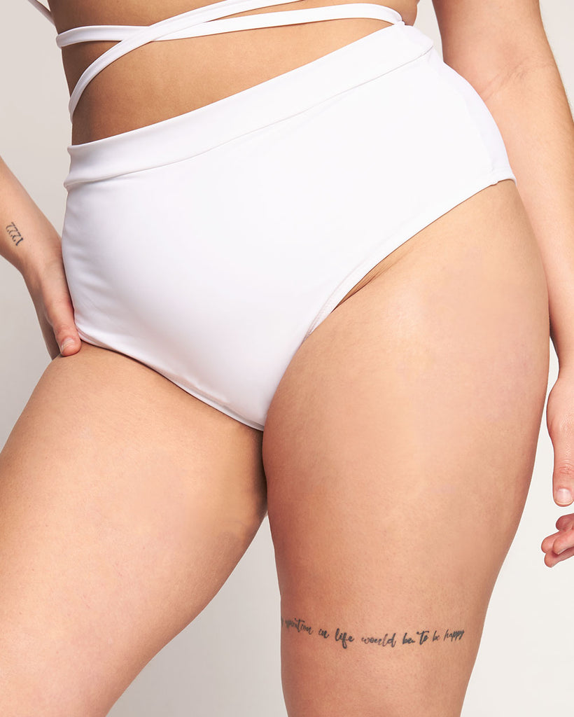 Rave Revolution Recycled Fabric High Waist Booty Shorts-White-Curve1-Side--Makayla3---1X