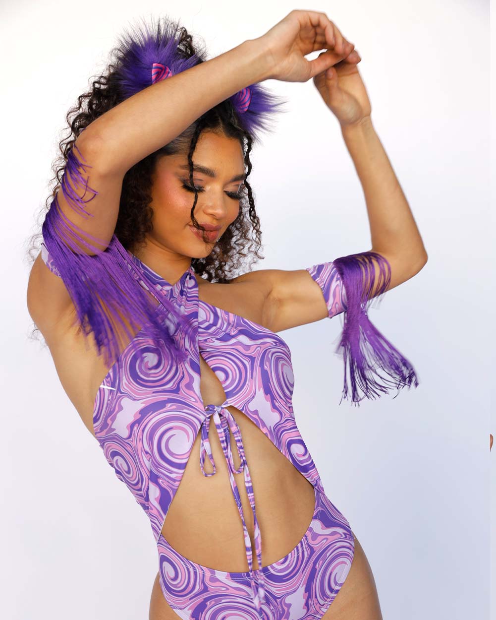 Recycled Fabric Swirly World Halter Bodysuit with Cuffs-Purple-Lifestyle--Quinn---S
