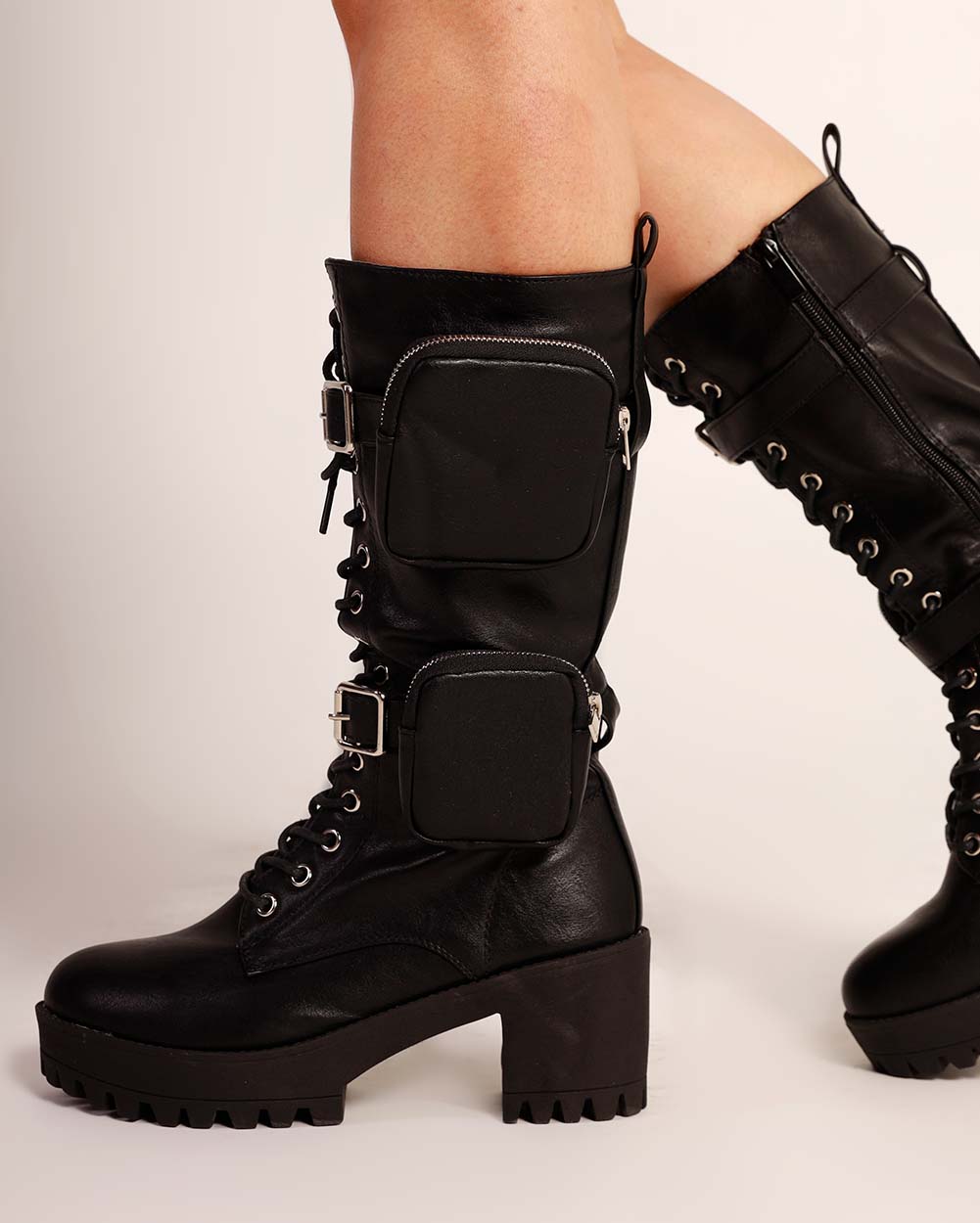 Renegade Lace Up Boots with Pouch-Black-Side