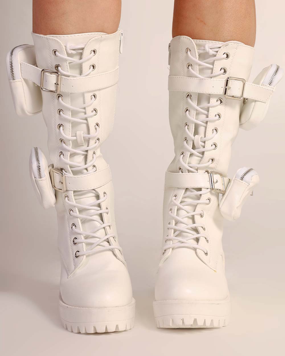 Renegade Lace Up Boots with Pouch-White-Front