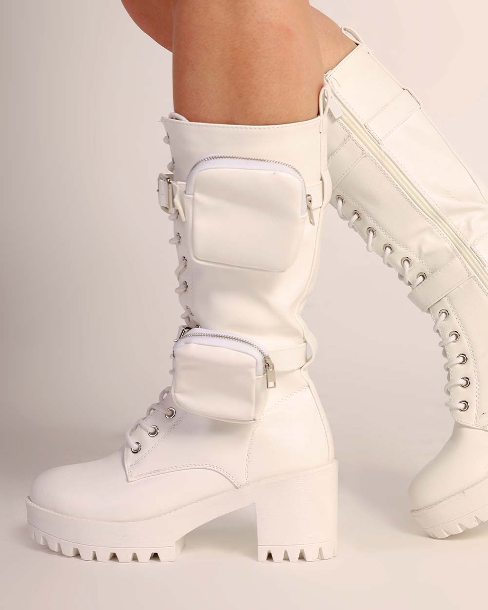 Renegade Lace Up Boots with Pouch-White-Side