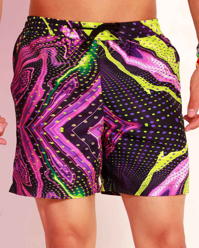 Retro Wave Men's Shorts-Black/Neon Green/Neon Pink-Front--Raine