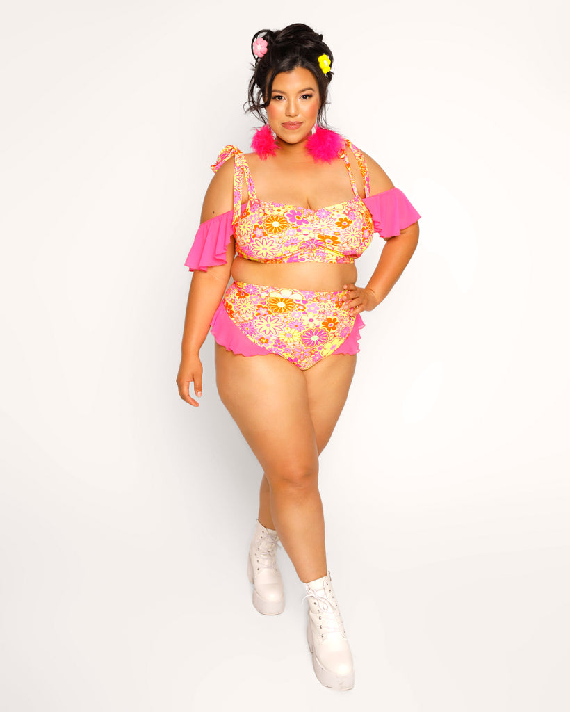 Rolita Couture x iHR Floral Frenzy Ruffle Bottoms-Pink/Yellow-Curve1-Full--Silvia---2XL