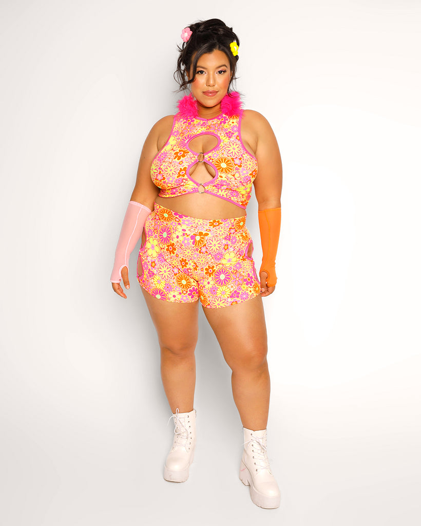 Rolita Couture x iHR Floral Frenzy Hypnotic Cutout Shorts-Pink/Yellow-Curve1-Full--Silvia---2XL