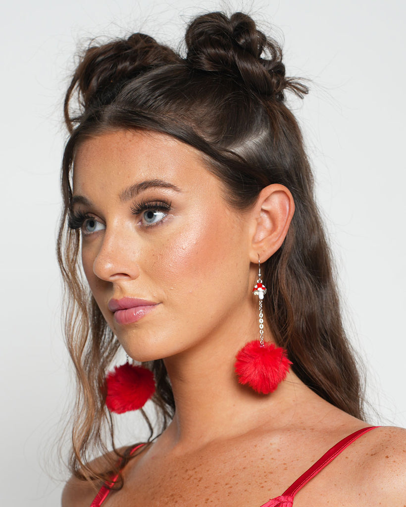 Secret Grove Mushroom Fluffy Earrings-Red-Regular-Front--Sarah2---S
