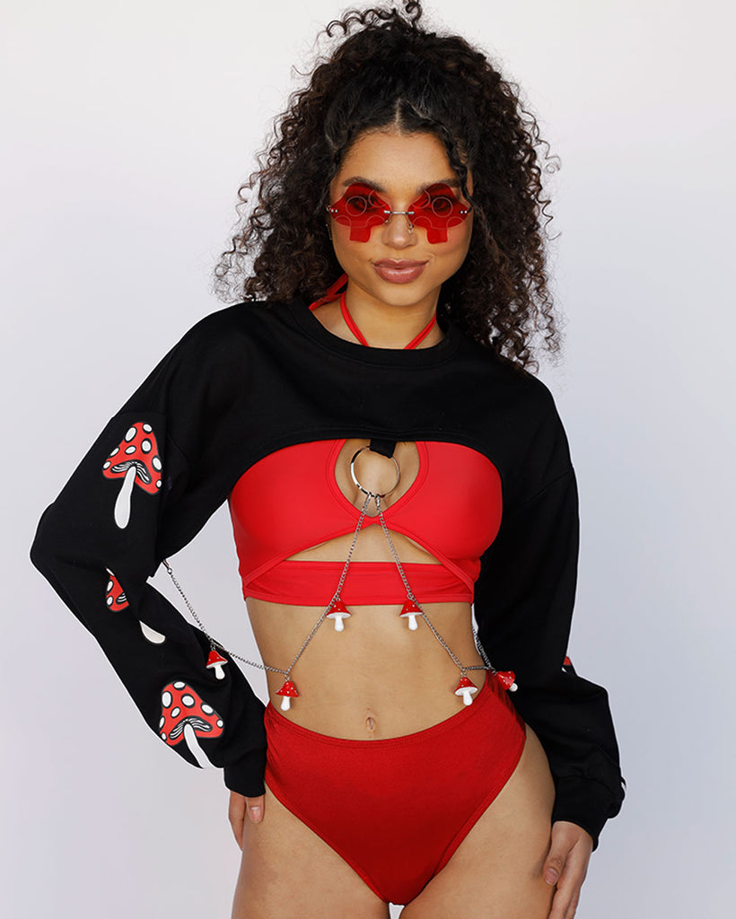 Shroom Time Ultra Crop Top-Black/Red/White-Front--Quinn---S