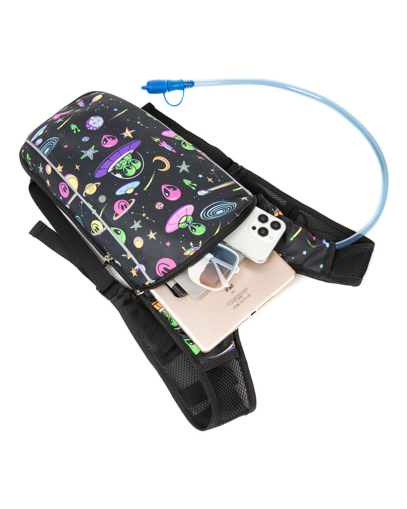 Silly In Space UV Reactive Hydration Pack with Back Pocket for Anti-Theft-Black/Rainbow-Detail