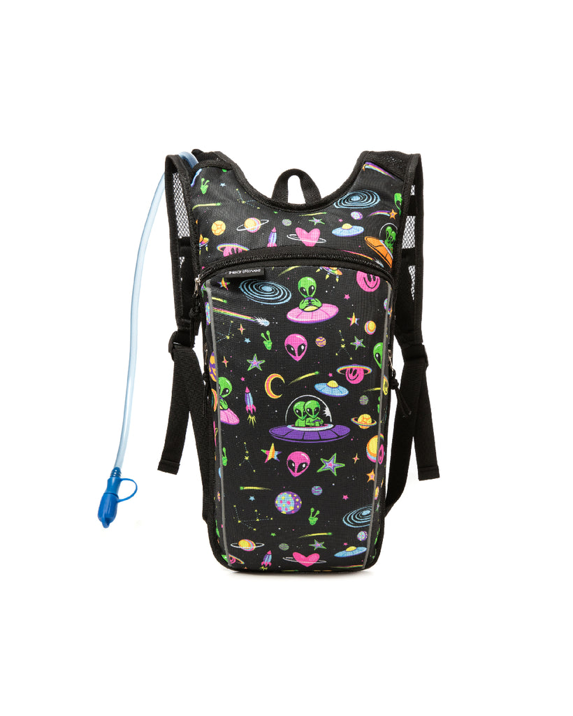 Silly In Space UV Reactive Hydration Pack with Back Pocket for Anti-Theft-Black/Rainbow-Front