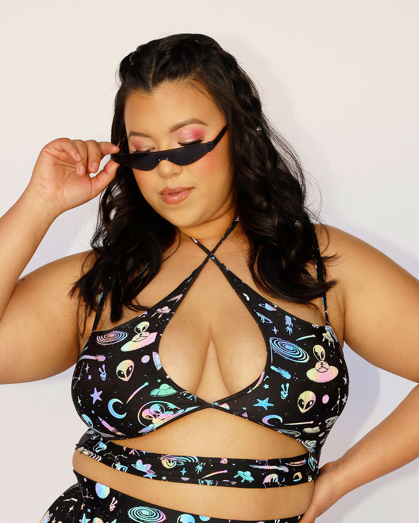 Silly in Space Rainbow Reflective Cutout Halter Top-Curve1-Black/Rainbow-Front--Silvia---1X