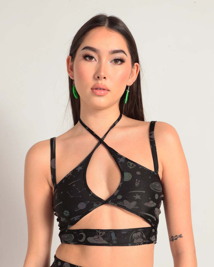 Silly in Space Rainbow Reflective Cutout Halter Top-Black/Rainbow-Front--Bethany---S