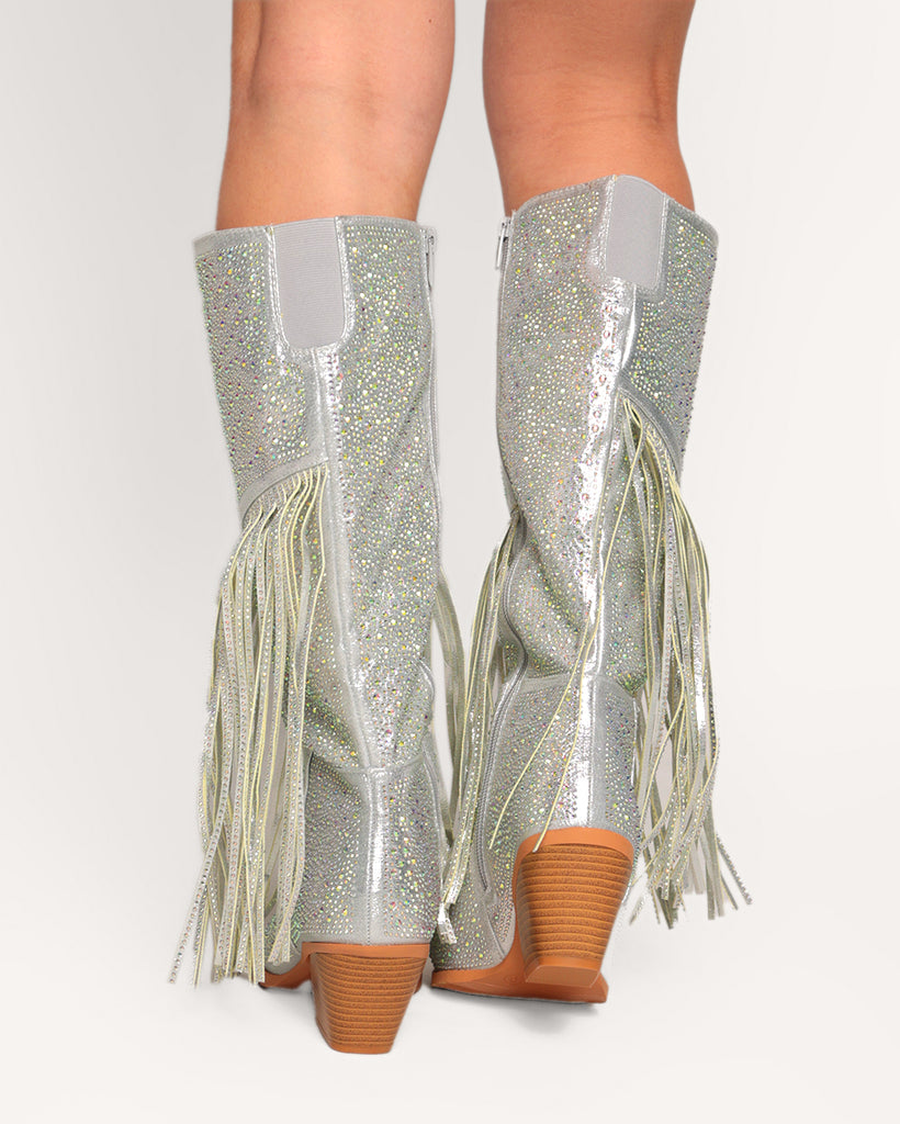 Starry Night Rhinestone Fringe Boots-Silver-Regular-Back--Model---6