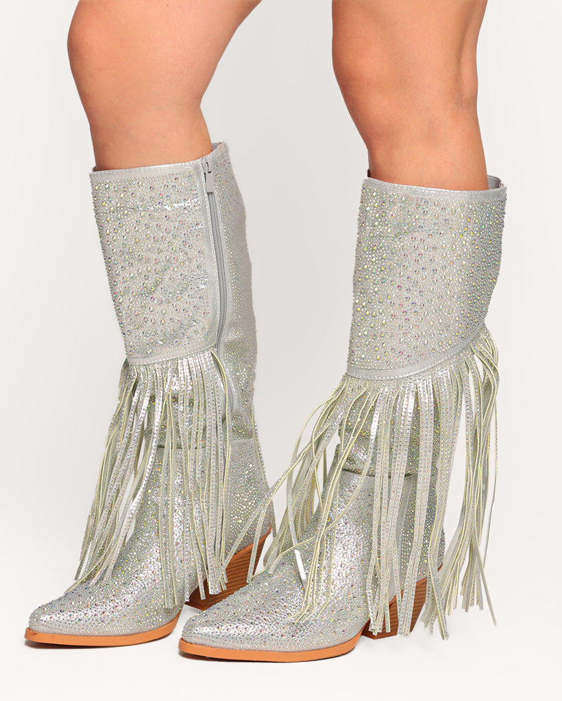 Starry Night Rhinestone Fringe Boots-Silver-Regular-Front--Model---6