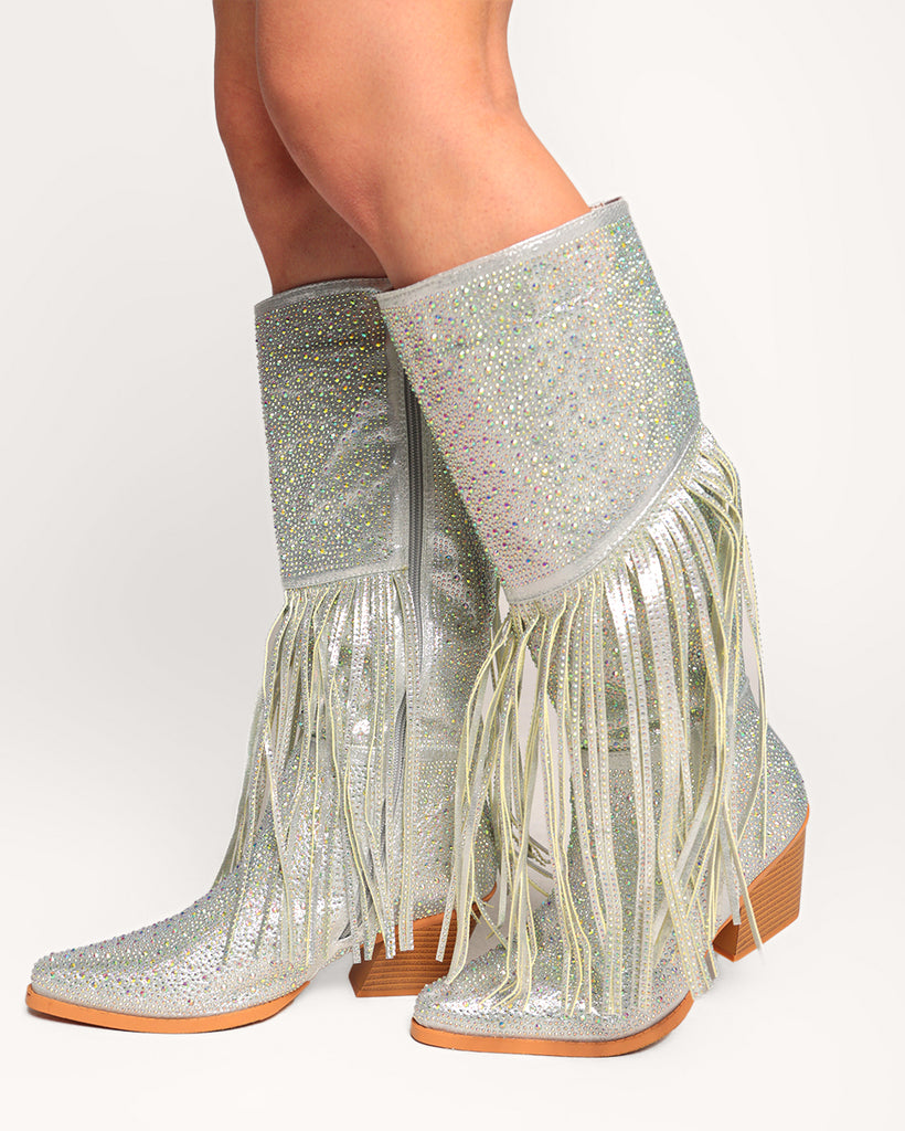 Starry Night Rhinestone Fringe Boots-Silver-Regular-Side--Model---6