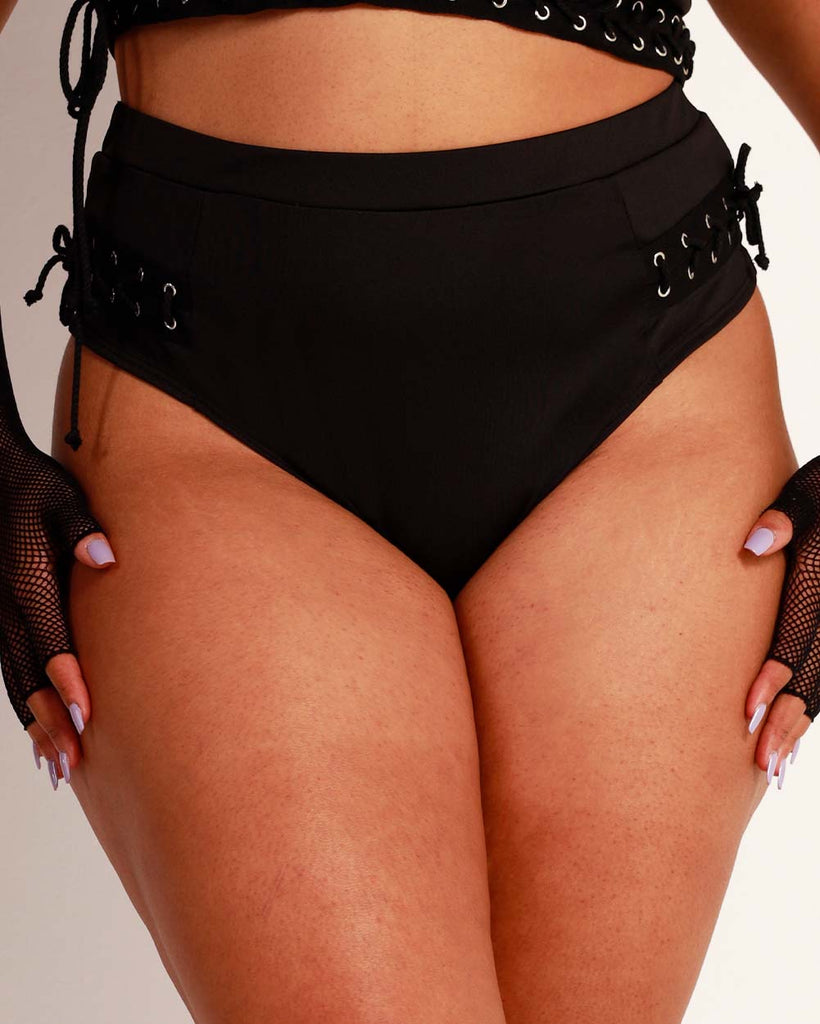 Techno Temptation Strappy High-Waisted Shorts-Curve1-Black-Front--Chanice---1X