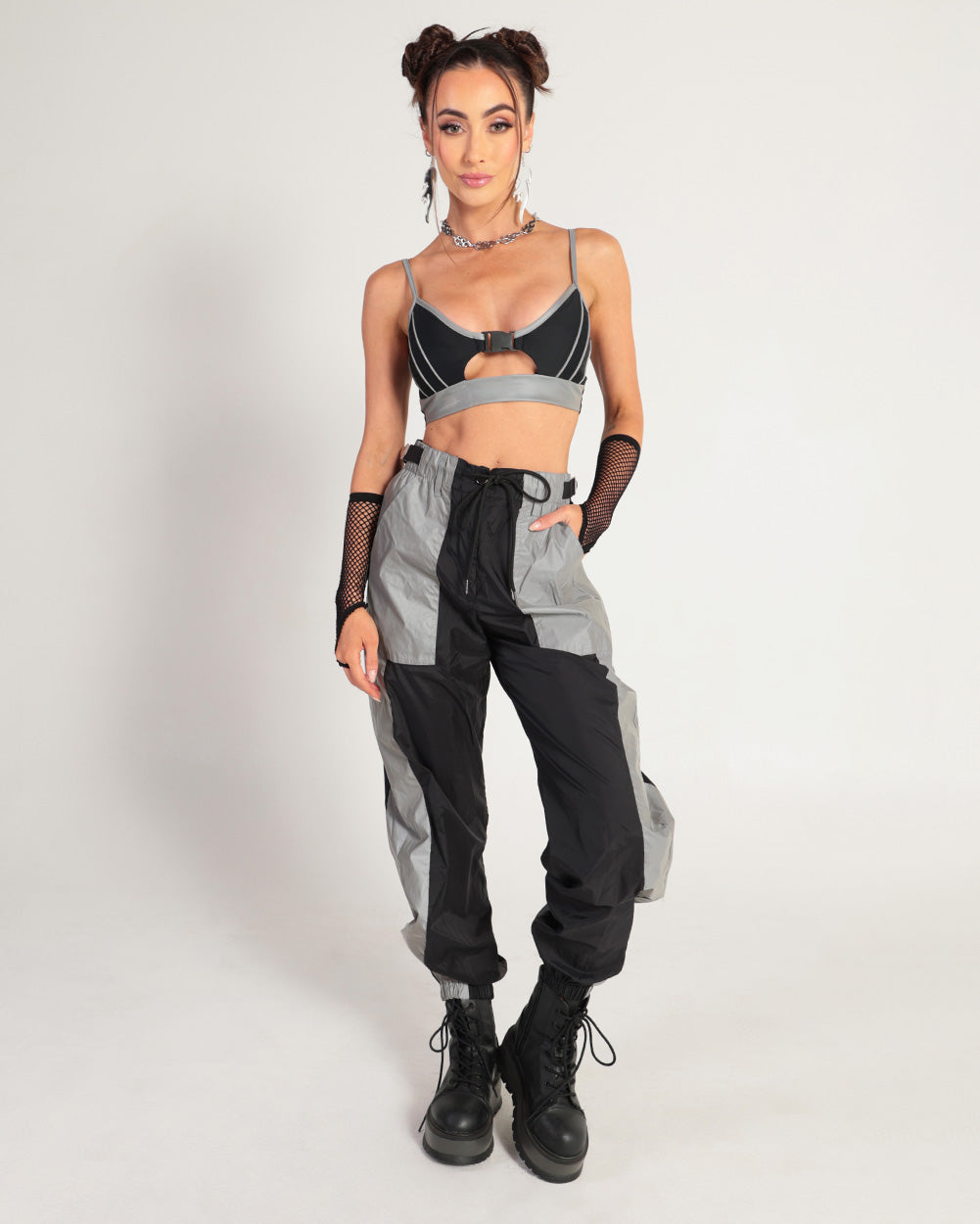 Thunder Shock Reflective Speed Clasp Crop Top-Black/Silver-Full--Hannah---S