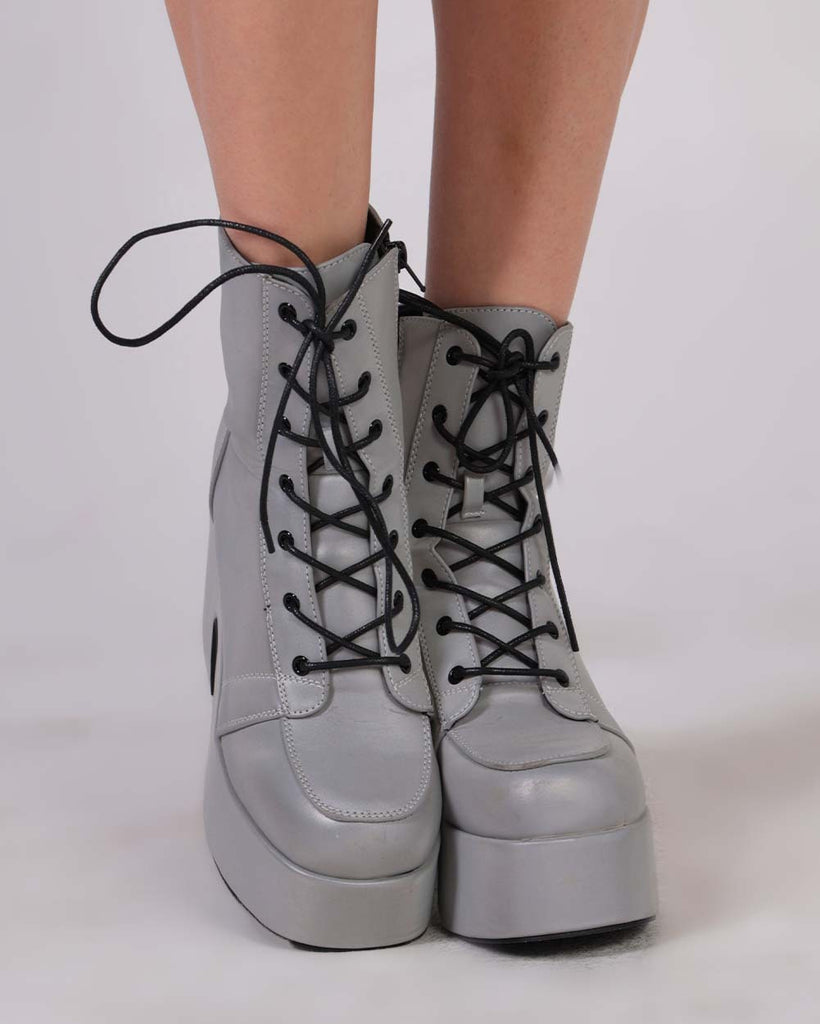 Thunderbolt Silver Reflective Lace Up Boots-Silver-Front