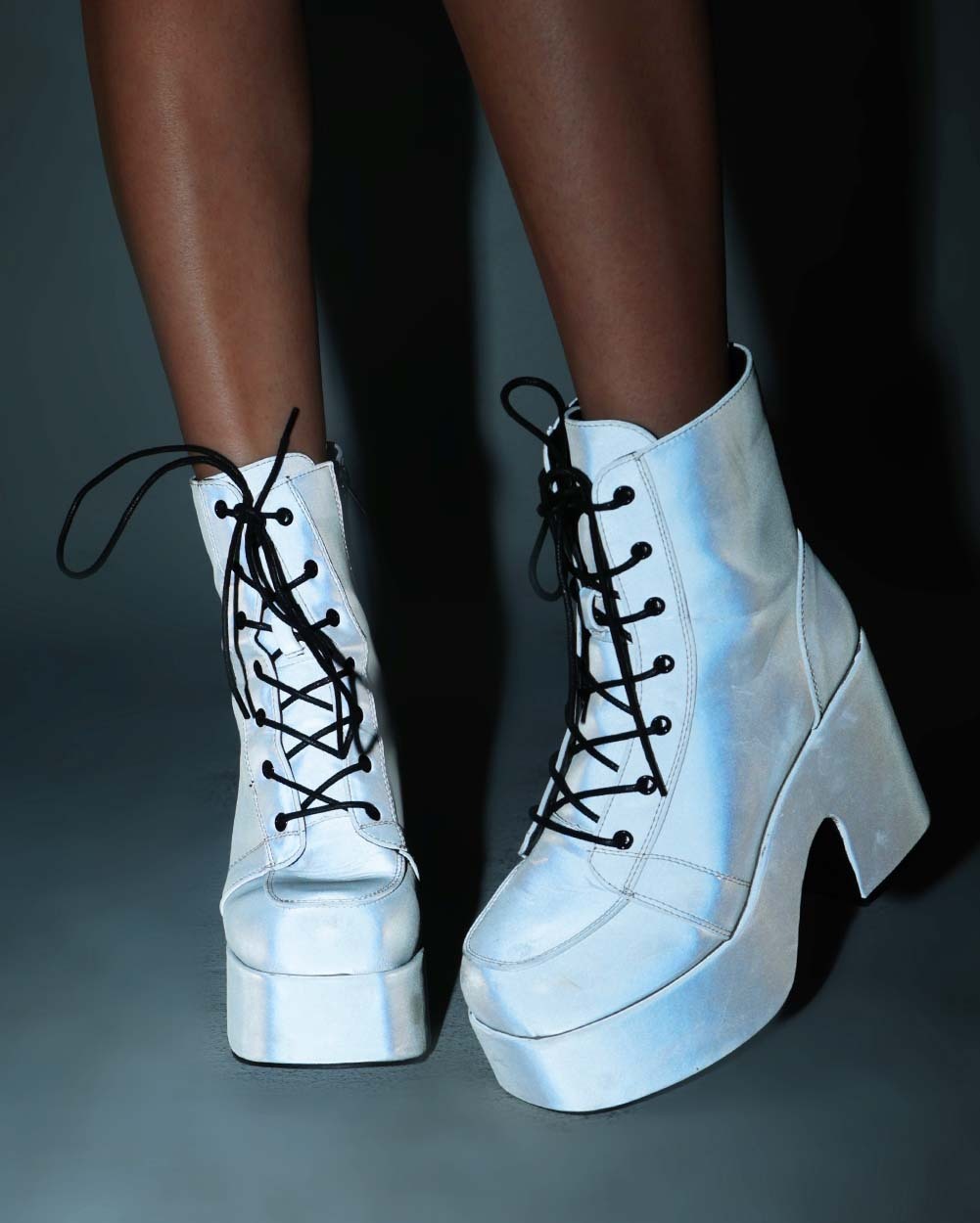 Thunderbolt Silver Reflective Lace Up Boots-Silver-Reflective