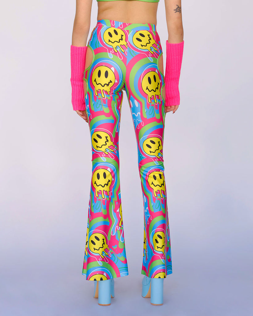 Trippy Time Acid Smiley Bell Bottoms--Blue/Green/Pink-Back--Bethany---S