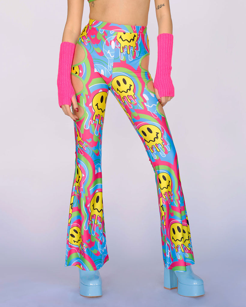 Trippy Time Acid Smiley Bell Bottoms--Blue/Green/Pink-Front--Bethany---S