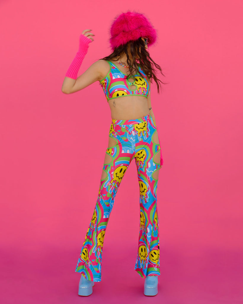 Trippy Time Acid Smiley Bell Bottoms--Blue/Green/Pink-Lifestyle--Bethany---S