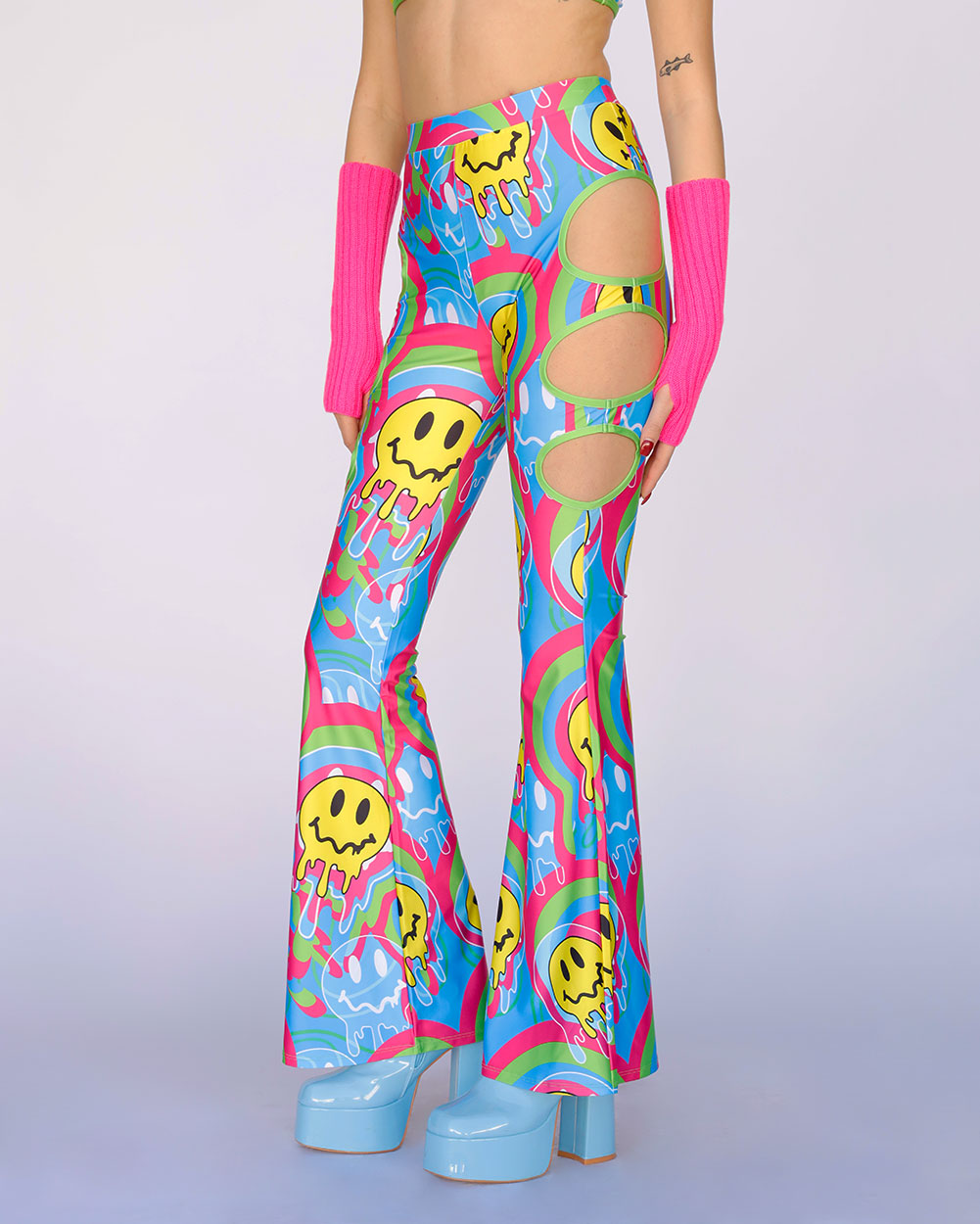 Trippy Time Acid Smiley Bell Bottoms--Blue/Green/Pink-Side--Bethany---S