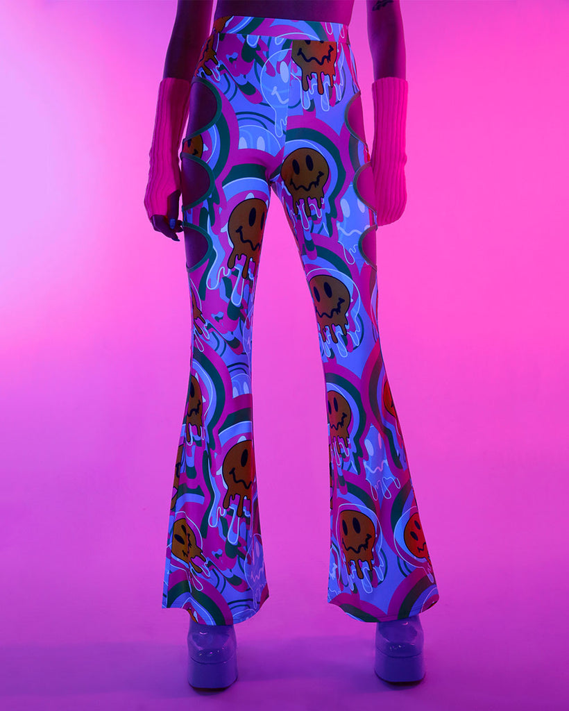Trippy Time Acid Smiley Bell Bottoms--Blue/Green/Pink-UV--Bethany---S