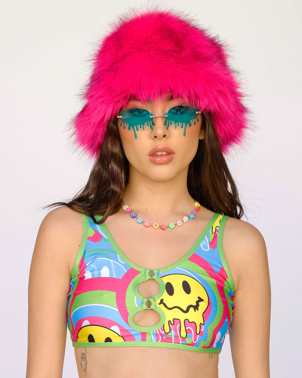 Trippy Time Acid Smiley Bra Top-Blue/Green/Pink-Front--Bethany---S