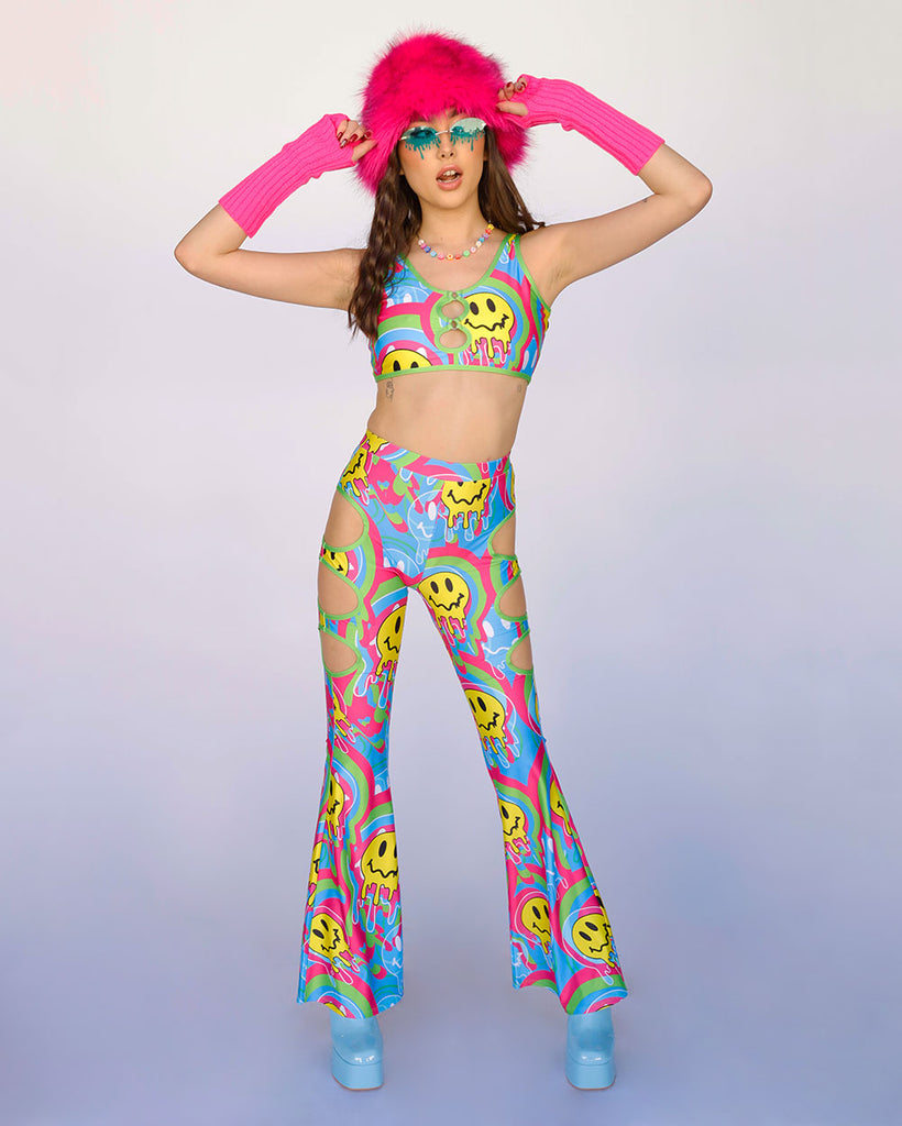 Trippy Time Acid Smiley Bell Bottoms--Blue/Green/Pink-Full--Bethany---S