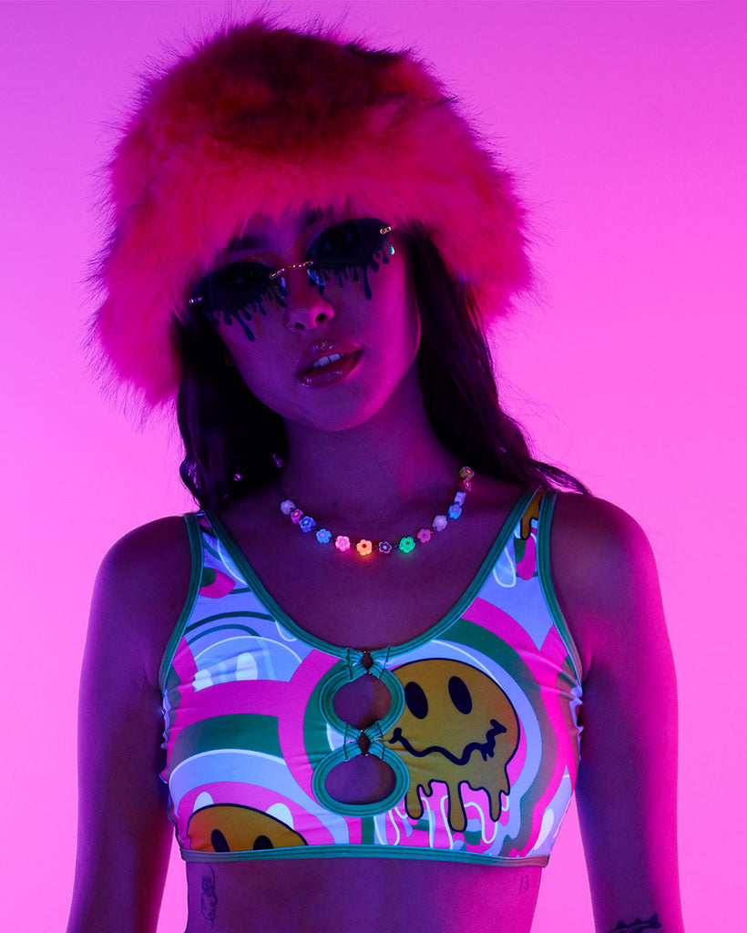 Trippy Time Acid Smiley Bra Top-Blue/Green/Pink-UV--Bethany---S