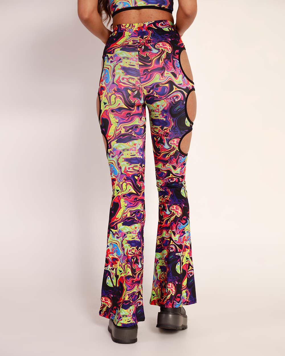 Trippy Toxin Cutout Bell Bottoms-Black/Neon Green/Neon Pink-Back--Danelly---S