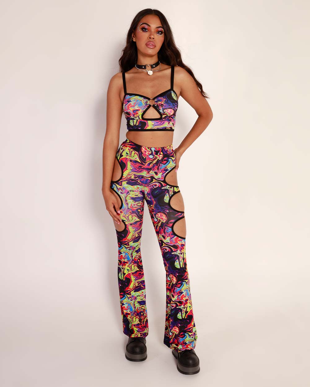 Trippy Toxin Cutout Bell Bottoms – iHeartRaves