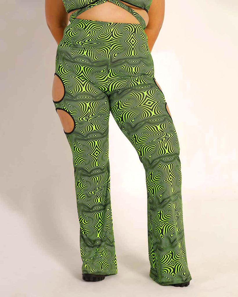 Trippy Treats Cutout Bell Bottoms-Curve1-Black/Neon Green-Front--Silvia---1X