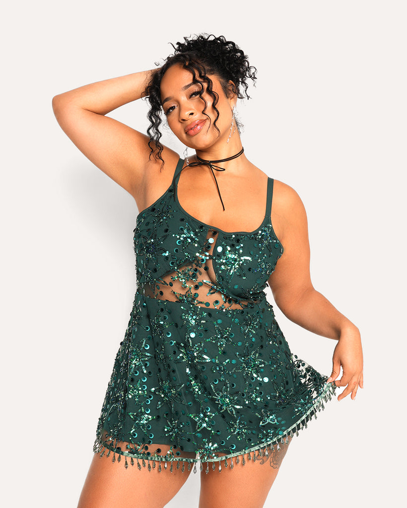Under the Willow Tree Sequin Dress-Green-Curve1-Front--Cassie---1X