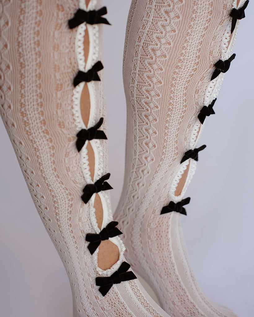 Vintage Love Mesh Cutout Ribbon Long Socks-Black/White-Regular-Detail--Model----S