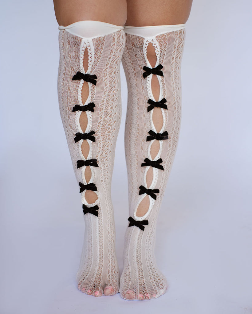 Vintage Love Mesh Cutout Ribbon Long Socks-Black/White-Regular-Front 2--Model----S