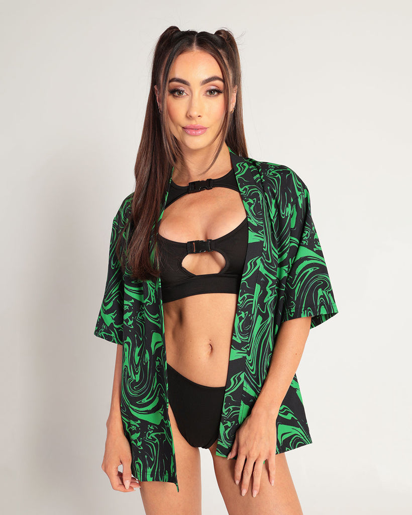 Waves Don't Die Robe-Black/Neon Green-Front--Hannah---S-M