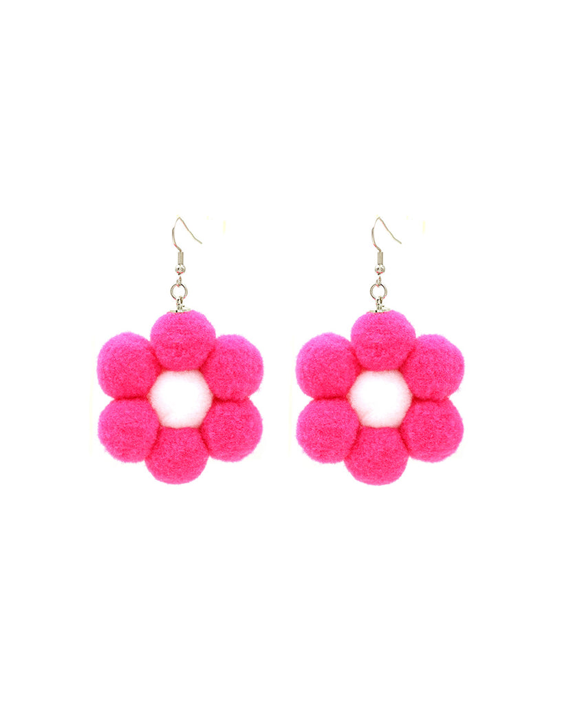 Fuzzy Flower Earrings-Neon Pink-Regular-Front--Model---S